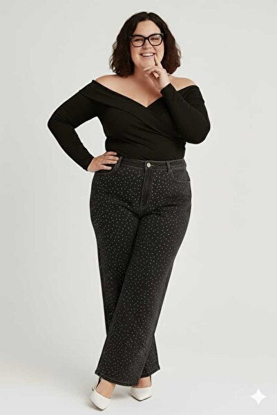 ELONİ Super Battal Large Size Wide Leg Stretch Fabric Stone Denim Pants