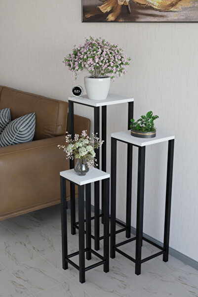 alpaevmobilya Modern 3'lü Metal Ayaklı Saksı Standı Dekoratif Saksılık Çok Am...