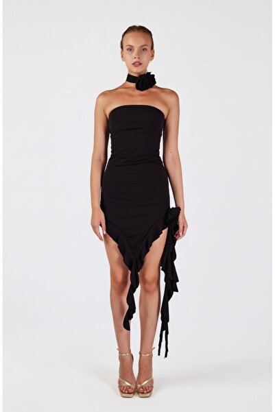 HOLLY LOLLY Rosanna-Kleid mit Blumendetail und Rüschen in Schwarz