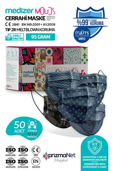 Medizer Man Serisi 2 Meltblown Kumaş 3 Katlı Ultrasonik Cerrahi Ağız Maskesi 5 Desen Telli 50 Adet