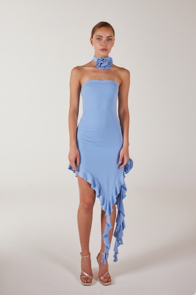 HOLLY LOLLY Květinové detailní nabírané šaty Rosanna modré