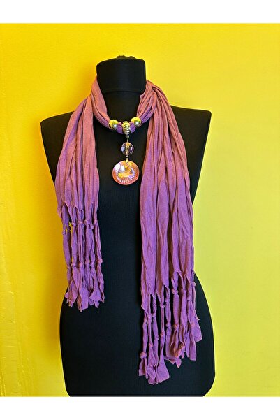 Gönülden Tasarım Cam Taşlı Kolye Fular Penye Püsküllü Boyun Bağı KAHVERENGİ