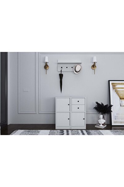Nettrends Duvar Raflı Askılıklı Üç Kapaklı Iki Çekmeceli Beyaz Portmanto Çıta...