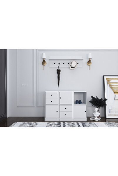 Nettrends Duvar Raflı Askılıklı Üç Kapaklı Dört Çekmeceli Beyaz Portmanto Çıt...