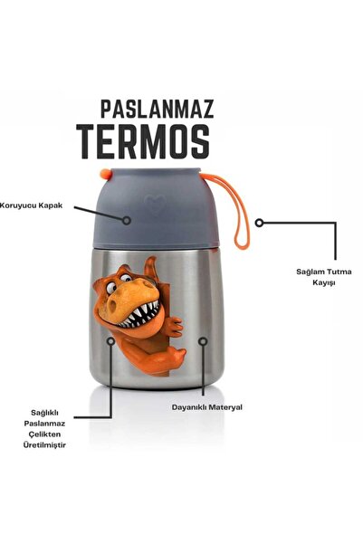 HOPEFUL DESİGN ترمس ديناصور منقوش سعة 450 مل لتخزين طعام الأطفال، ترمس مفرغ ا...