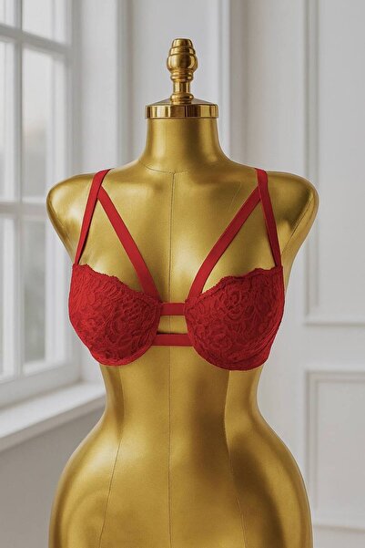 LİBELLA İÇ GİYİM Women's Red Lace Strappy Push-Up Bra & Panty 2-Piece Lingerie Set