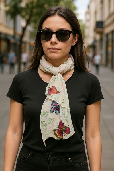 Gönülden Tasarım 155X20 Cm Eșarfă de damă cu fluturi și flori LILA