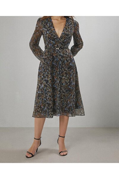 YUSERH Yeşil Kemerli A Kesim Kruvaze Yaka Boho Desenli Şifon Midi Dokuma Elbise