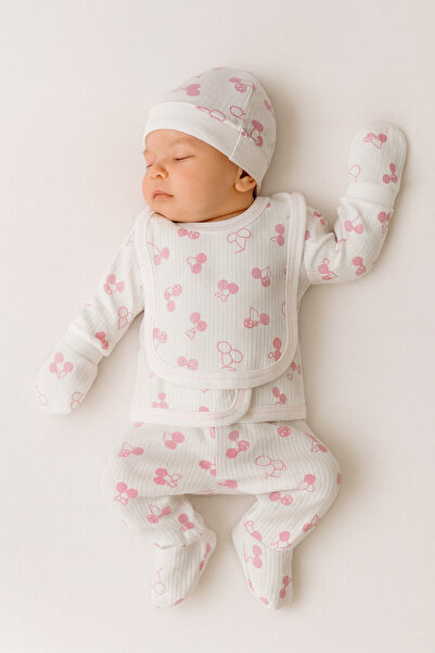 %100 Pamuklu 5 Parça Hastane Çıkışı Seti – Bebek Zıbın Takımı, Şapka, Önlük, Eldiven