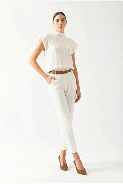 Spazio Furmann Yüksek Bel Deri Kemerli Dar Paça Pantolon KREM