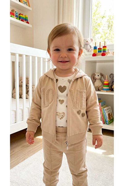 Uslukids Zippered Hooded Embroidered 3-Piece Children's Tracksuit New Season