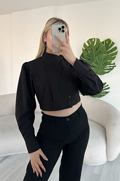 VİSKALİ Asimetrik Yaka Poplin Siyah Gömlek