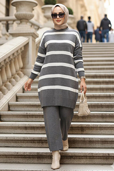 Neva Style Striped Dark Gray Hijab Knitwear Double Suit 3439Kgr