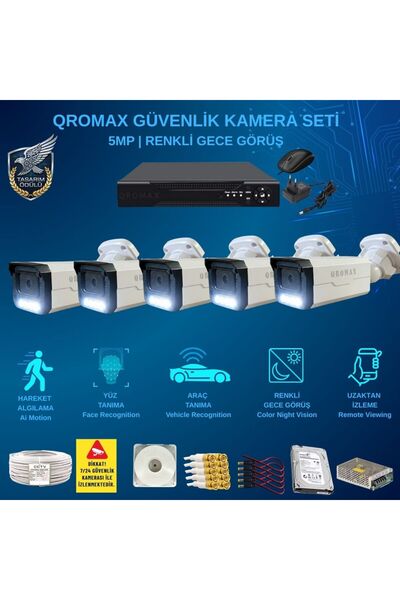 qromax 5 Kameralı Set - Yapay Zeka Özellikli Gece Renkli Gösteren 1080p Güven...