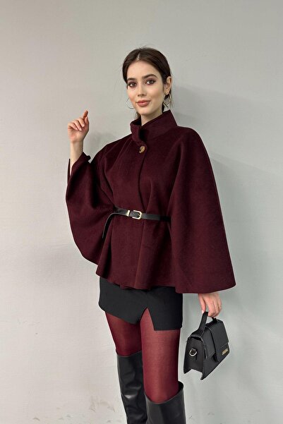 lizge giyim HAKİM YAKA KEMER DETAYLI KAŞE PANÇO