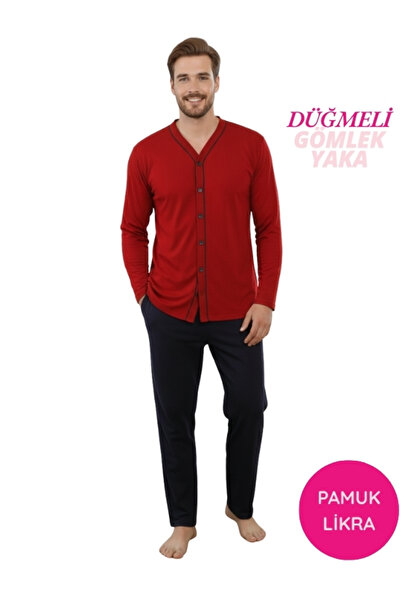bie's Set de pijamale pentru bărbați, burgundy, cu decolteu în V, cu nasturi ...