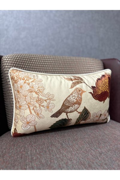 Fabricland Imported Silk Velvet Bird Pattern Cream Throw Pillow Cover 30x50cm