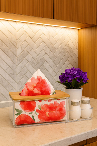 MAKRİ HOME Bambu Kapaklı Plastik Peçetelik ve Organizer, 25 x 12 x 10 cm