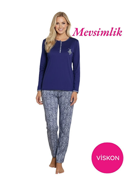 bie's Set de pijamale cu mânecă lungă, cu model etnic, albastru marin pentru ...