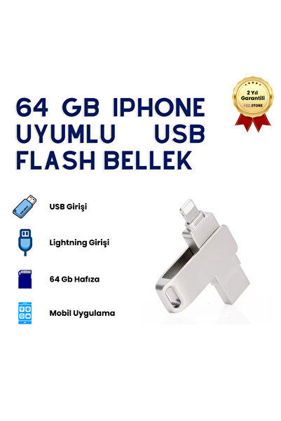 HZL 64GB iPhone Uyumlu USB Flash Bellek OTG Destekli Lightning ve USB Girişli Taşınabilir Hafıza