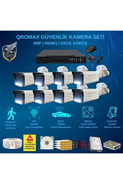 qromax 8 Kameralı Set - Yapay Zeka Özellikli Gece Renkli Gösteren 1080p Güvenlik Kamerası Seti 3404w