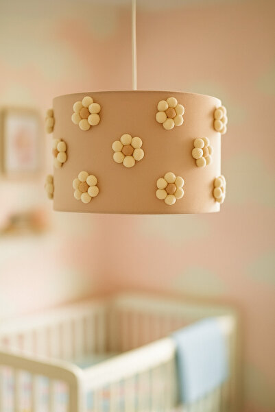 SefDen Lazer Kesim Atölyesi Bej Kumaş Ponpon Çiçekli Avize - Bebek ve Çocuk O...