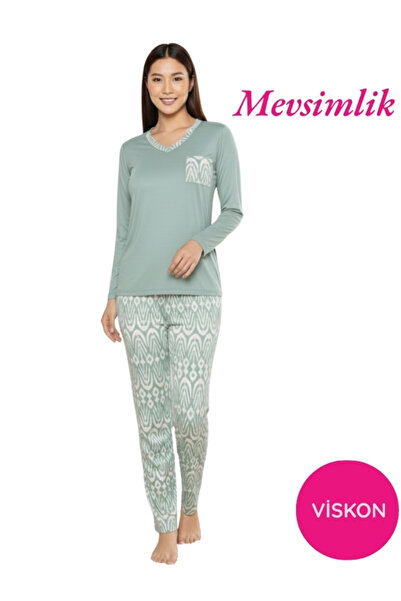 bie's Set de pijamale cu mânecă lungă pentru femei, cu model etnic verde, cu ...