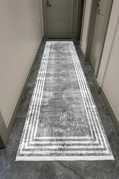 VOPTEKS Gri Beyaz Yolluk Koridor Halısı Makinede Yıkanabilir Kaymaz Taban Yol...