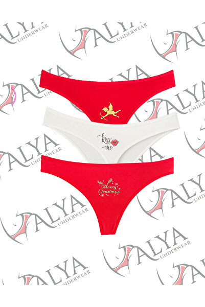 ALYA UNDERWEAR Cotton New Year Themed Women's String, Red Printed Thong Panties 3-Pack