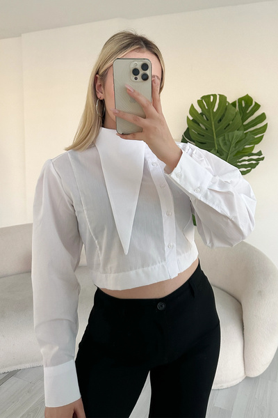 VİSKALİ Asimetrik Yaka Poplin Beyaz Gömlek