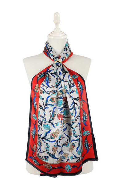 Bursa İpek Red Navy Blue Carnation Tulip Silk Scarf
