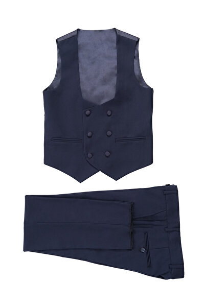 Doctor junior Erkek Çocuk Yelekli Ekru Renk Lacivert Yaka Detaylı Smokin Takım Elbise