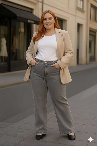 ELONİ New Season - Premium Super Battal High Waist Flexible/Lycra Wide Leg Denim Pants-Grey