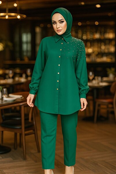 Neva Style Pearl Detailed Green Hijab Double Suit 12461Y
