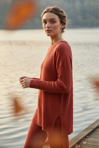 EYYE Tégla pamut bordázott női blúz nadrág kétrészes szett