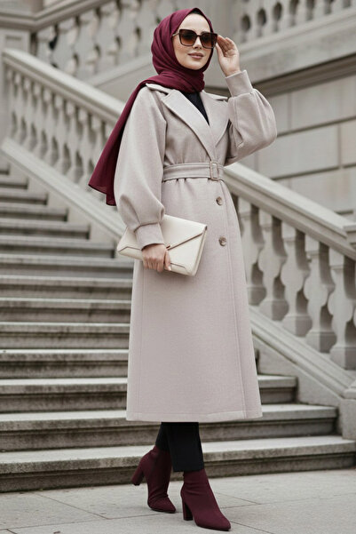 Neva Style Μπεζ Κασμίρ Μουσουλμανικό Παλτό - Με Ζώνη, Μοντέλο 61241ΜΠΕΖ