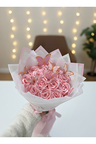 Buketim Seninle 14'lü Pembe Kelebekli Solmayan Saten Gül Buketi, Sevgiliye He...