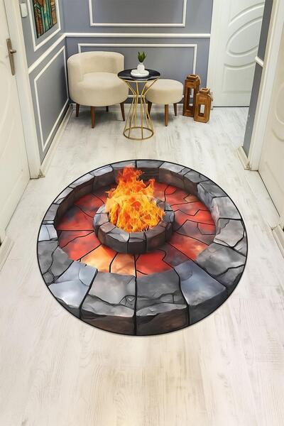 Dolce Mariee Ateş Çukuru Desenli Yuvarlak Dijital Baskı Kaymaz Tabanlı Halı H0868