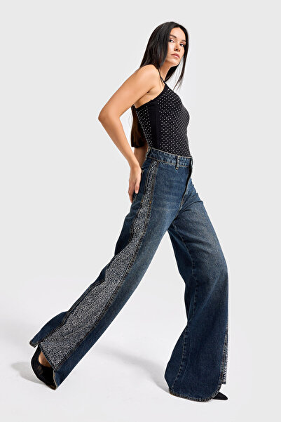 its basic Γυναικείο Τζιν Χρώμα 2w49 Γυαλιστερή πέτρα με λεπτομέρεια τζιν με φαρδύ πόδι