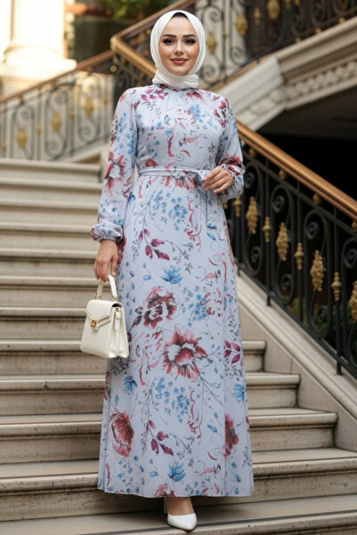 Neva Style Φόρεμα Hijab Γκρι με Floral Pattern 27963GR