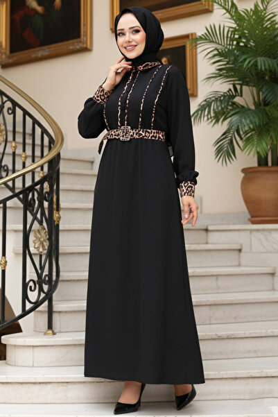N.S NEVA STYLE Λεοπάρ Λεπτομερές Μαύρο Φόρεμα Hijab 10246S