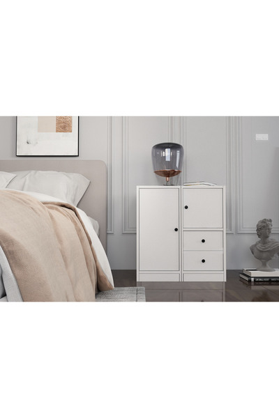 Nettrends Raflı Iki Kapaklı Iki Çekmeceli Beyaz Komodin Çıtasız Kmd-1030-ç