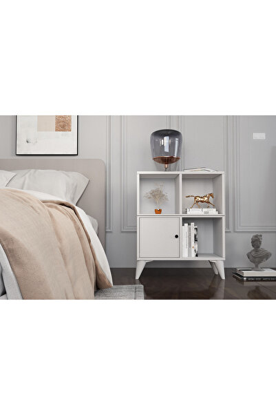 Nettrends Ayaklı Raflı Kapaklı Beyaz Komodin Çıtasız Kmd-1050-ç
