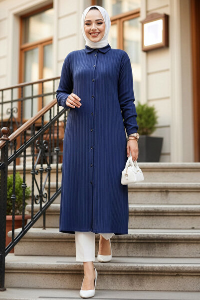 Neva Style Buttoned Navy Blue Hijab Tunic 70381L
