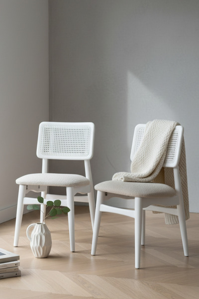 Woodenbend İris Beyaz Ahşap Hazeranlı Sandalye 2 Adet– Modern İskandinav Konf...