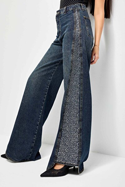 its basic Γυναικείο Τζιν Χρώμα 2w49 Γυαλιστερή πέτρα με λεπτομέρεια τζιν με φαρδύ πόδι