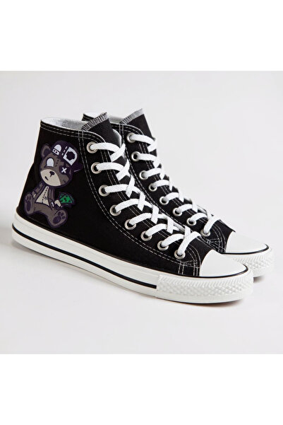 Lideral Unisex Siyah Beyaz Spor Kuromi Korsan Ayıcık Baskılı Ayakkabı Convers...