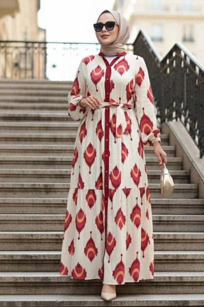 N.S NEVA STYLE Patterned Burgundy Hijab Dress 23926Br