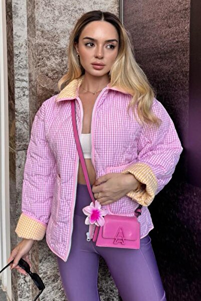 Madmext Pink Gingham Women's Coat with Pockets Mg2488