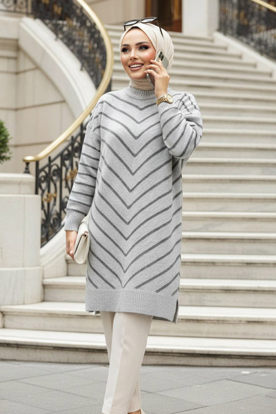 Neva Style Ριγέ Γκρι Πλεκτό Πουλόβερ 81861GR